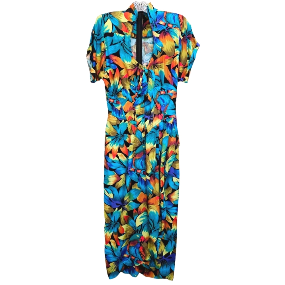 Vintage Karen Alexander Turquoise/Gold/Rust Tropical Floral Parrot Midi Dress